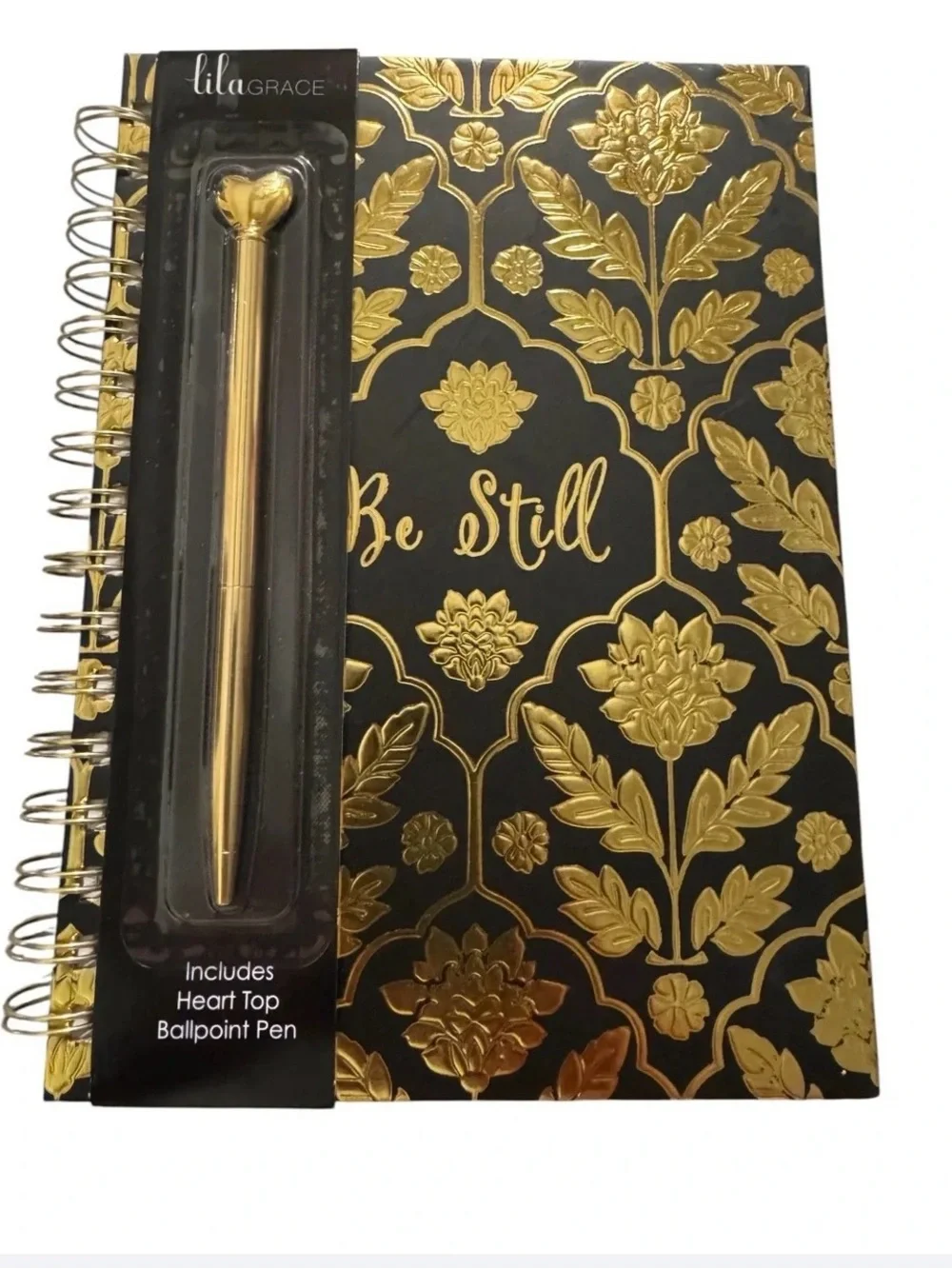 Be Still Spiral Notebook with Gold Floral Accents - Black & Gold